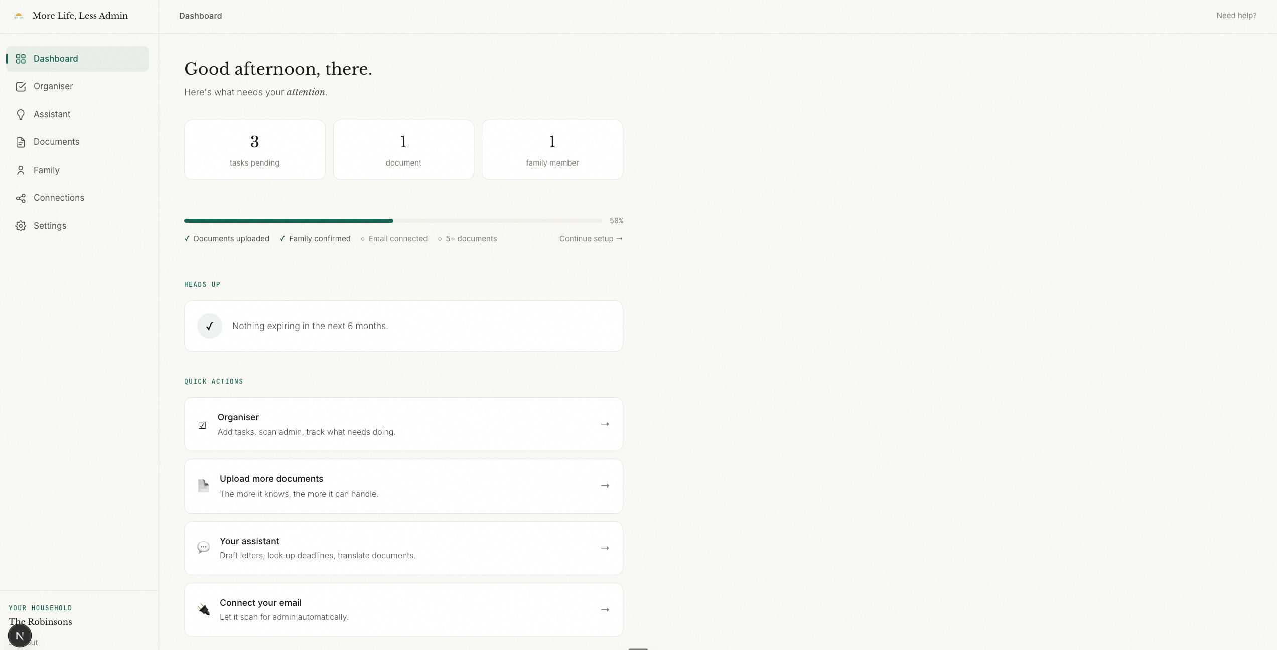 MLLA dashboard showing tasks, documents, and family overview